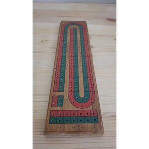Vintage Wooden Cribbage Board 3 Track Red Green Paint with Pegs and Dice Set
